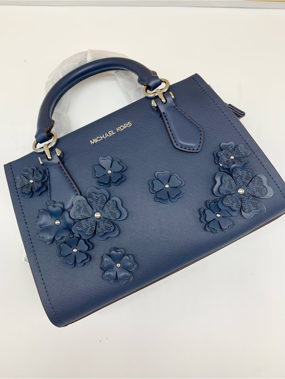 Michael Kors Marilyn Navy Floral Applique Satchel - Picture 15 of 15